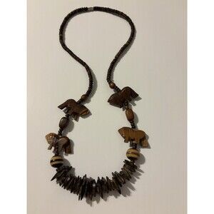 Vintage Exotic African Animals & Bead Necklace Hand Carved Wooden Animals 26" L